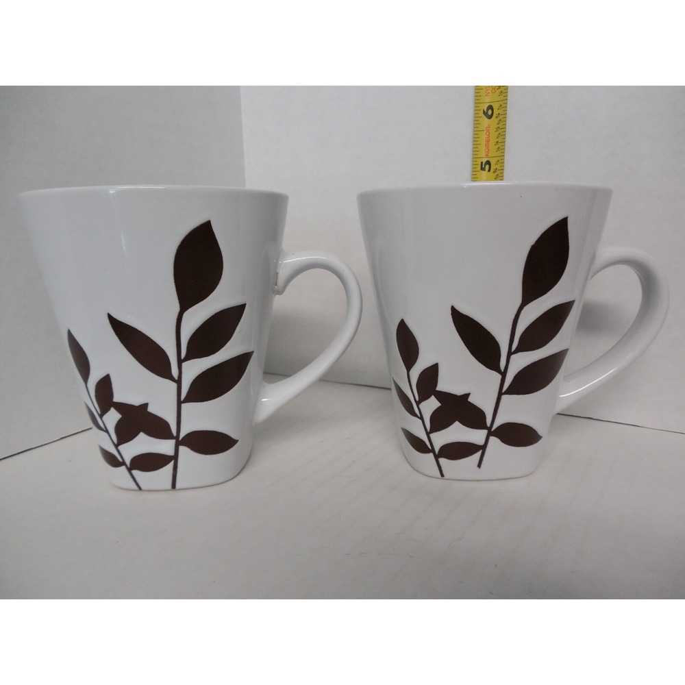 California Pantry White Coffee Mug With Brown Embossed Leaves 2013 Set of 2